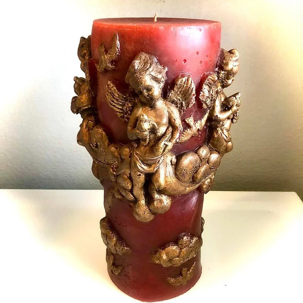 MAC Sculpture California XLG Sculpted Cherub Angel Pillar Candle Burg Gold 15x9